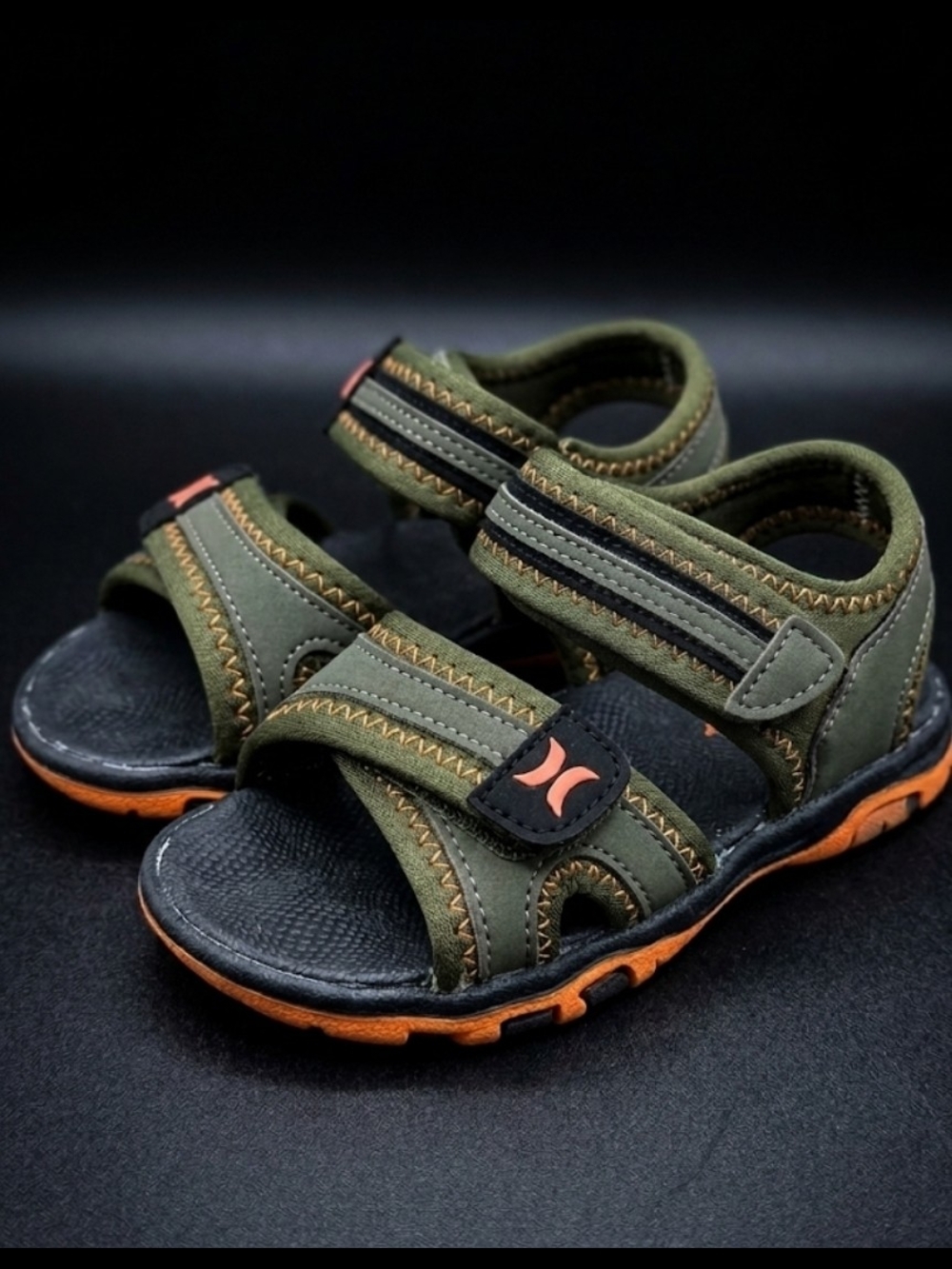 Kids Hurley Olive Green and Orange Velcro Sandals - Youth Outdoor Sandals